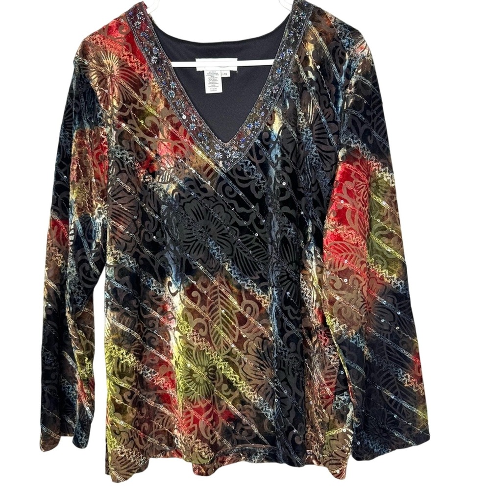 Coldwater Creek Womens V Neck Popover Top Sz 1X Velvet Burnout Dark Whimsical
